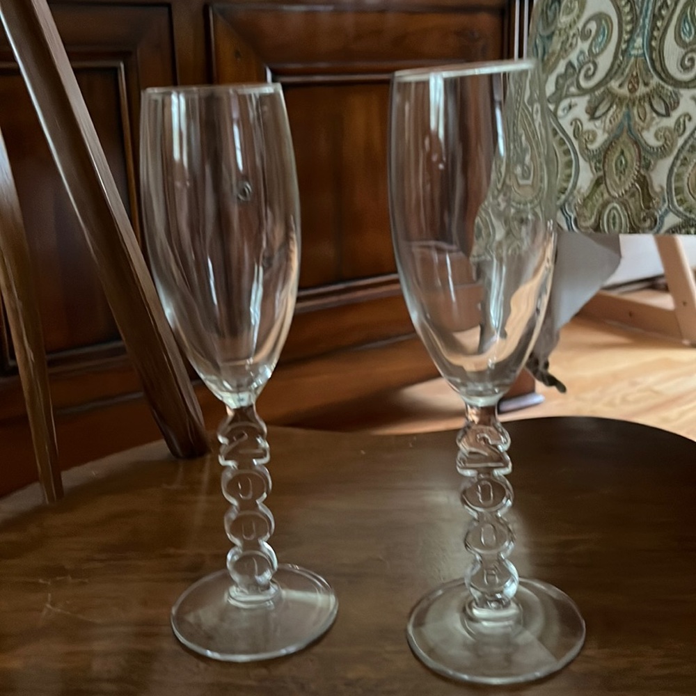 Y2K Millennium Champagne Flutes 2000 Commemorative Figural Stem Set of 2